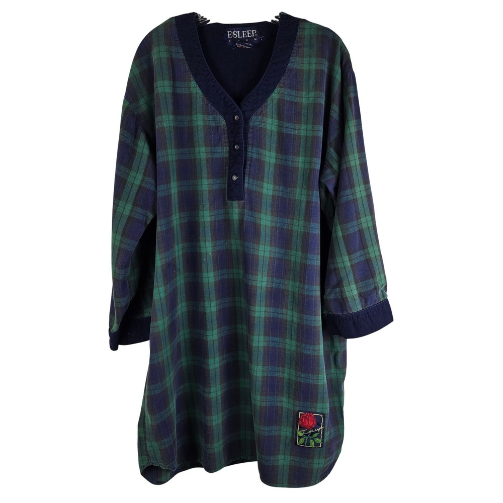 Vintage Esleep Dorm Plaid Night Shirt‎ One Size Rose Patch 100% Cotton
